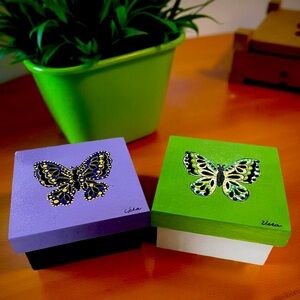 Handcrafted painted Wooden Boxes butterflies Set of 2 dotted purple green black